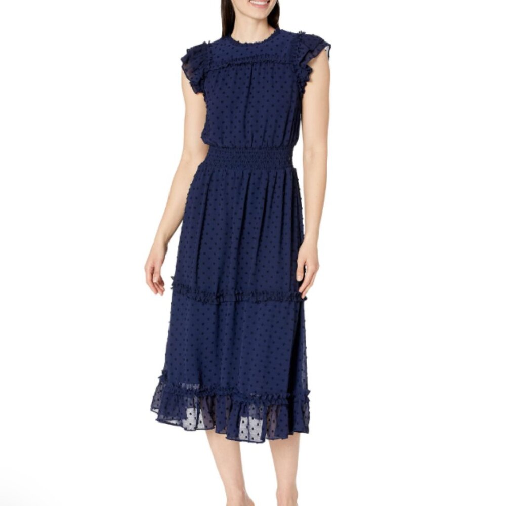 CeCe Sleeveless Clip Dot Midi Dress, Navy, XL,